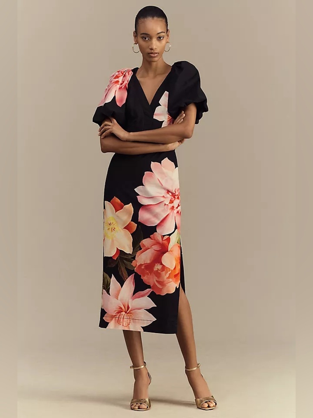 NWT Anthropologie BHLDN V Neck Puff Sleeve Floral Midi Dress with Sublte Stretch - Picture 10 of 13